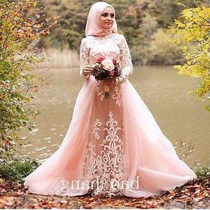 Model Gaun Pengantin Muslimah Pink X8d1 Muslim Long Sleeve Wedding Dress Detachable Train Blush Pink