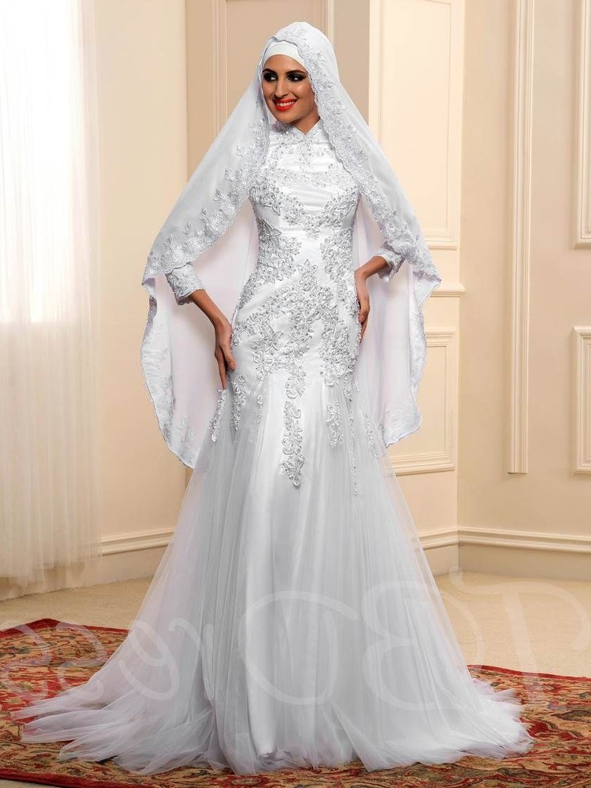 Bentuk Bridesmaid Dress Hijab J7do Long Sleeve Lace Tulle Mermaid Muslim Wedding Dress In 2019