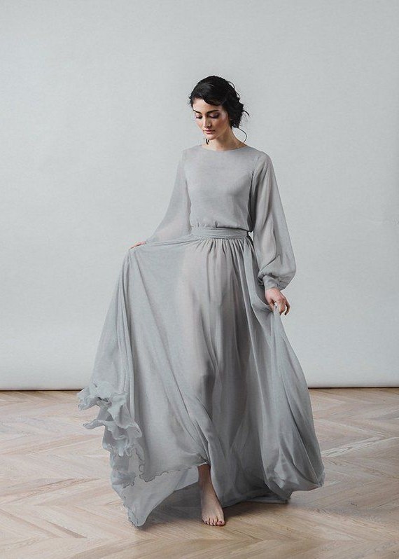 Bentuk Bridesmaid Dress Hijab Nkde Grey Wedding Dress Nirvana Boho Bridal Gown Chiffon Skirt
