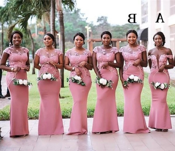 Bentuk Bridesmaid Hijab Pink Q0d4 2020 south African Nigeria Pink Mermaid Long Bridesmaids Dresses Plus Size Sheer Neck Lace Appliques Floor Length Wedding Guest Dress Bm0614