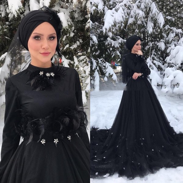 Design Bridesmaid Dresses Hijab E6d5 Discount Gothic Black Long Sleeves islamic Muslim Wedding Dress Hijab High Neck Crystal Feather Court Train Arabic Dubai Wedding Dresses Wedding Gowns