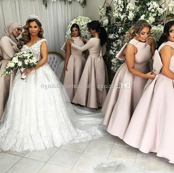 Design Bridesmaid Hijab Dress Thdr Arabic Muslim Long Sleeves Hijab Bridesmaid Dresses Satin with Bow A Line V Neckline Hijab Wedding Guest Dresses Bridesmaid Dresses Beach Wedding