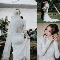 Design Model Dress Bridesmaid Hijab Dddy High Neck Country Mermaid Wedding Dresses with Long Sleeve 2019 Simple Lace Stain Muslim Hijab Style Bohemian Trumpet Wedding Gown