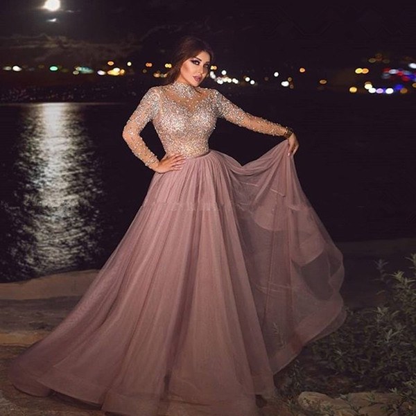 Design Model Dress Bridesmaid Hijab Dwdk High Neck Dusty Pink Muslim evening Dress Illusion Long Sleeve Crystal Beaded Plus Size Arabic formal Dresses for Women Dubai Prom Gowns evening