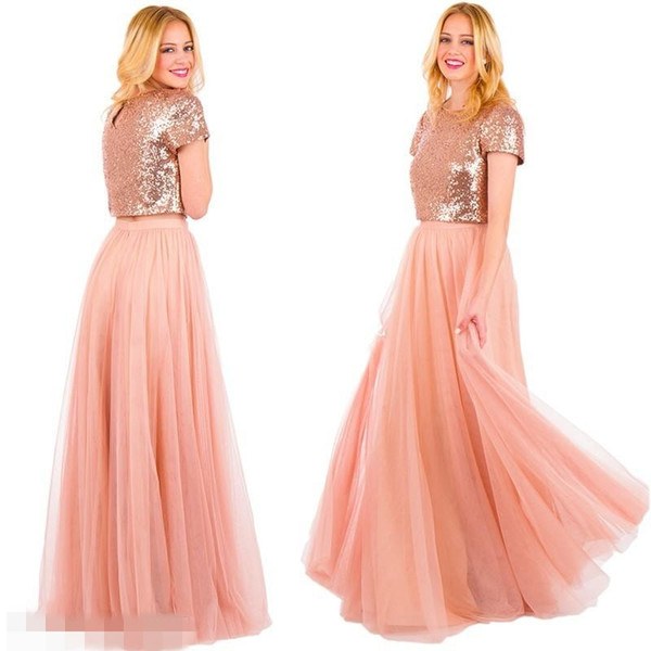 Ide Bridesmaid Hijab Styles Tldn Two Pieces Blush Long Tulle Country Bridesmaid Dresses 2018 Rose Gold Sequins Skirt Short Sleeve Jewel Neck Wedding formal Gowns for Party Cheap