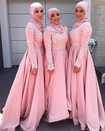 Ide Gaun Bridesmaid Hijab Ipdd Arabic Dubai 2017 New Design Muslim Pink Bridesmaid Dresses Lace Applique Long Sleeves Maid Of Honor Dress Bridesmaid Gowns for Wedding