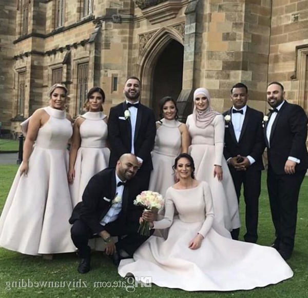 Ide Hijab Bridesmaid 9fdy Arabic Muslim Long Sleeves Hijab Bridesmaid Dresses Satin with Bow A Line V Neckline Hijab Wedding Guest Dresses Bridesmaid Dresses Beach Wedding