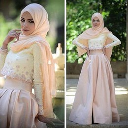 Inspirasi Ootd Hijab Bridesmaid 9ddf 2 Piece Muslim evening Dress Long Sleeve Lace top Champagne Satin Skirt Hijab Arabic Prom Gowns A Line Floor Length formal Party Dress Aw453