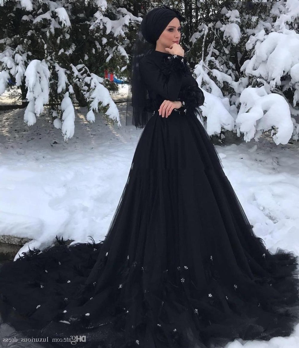 Inspirasi Ootd Hijab Bridesmaid Drdp Discount Gothic Black Long Sleeves islamic Muslim Wedding Dress Hijab High Neck Crystal Feather Court Train Arabic Dubai Wedding Dresses Wedding Gowns