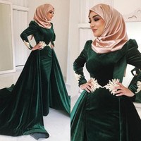 Model Model Bridesmaid Hijab 2019 Whdr Dark Green Velvet Muslim Prom Dresses High Neck Appliqued Plus Size evening Gowns Long Sleeves Hijab Kaftan Dubai Overskirt formal Dress
