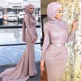 Model Model Seragam Bridesmaid Hijab E9dx 2019 Dusty Pink Muslim evening Dresses Hijab Scoop Neck Appliques Ribbon Sash Satin Mermaid Prom Dresses formal Gowns Sweep Train