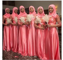 Model Model Seragam Bridesmaid Hijab Y7du Coral Muslim Wedding Bridesmaid Dresses Sheer Long Sleeve Lace Appliques Vintage Maid Of Honor Gowns Beads Hijab Cheap Wedding Guest Dress