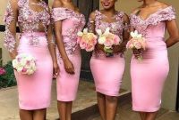 Bentuk Bridesmaid Hijab Pink Jxdu 2020 Newest Pink African Bridesmaid Dress for Wedding Party Handmade Flowers Sheath Lady Party formal Maid Honor Gowns Long Dresses for Wedding