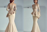 Design Bridesmaid Hijab Dress 8ydm Champagne Lace Stain Peplum Long evening formal Wear Dresses 2019 Jewel Neck Long Sleeve Dubai Arabic Mermaid Prom Dress Saiid Kobeisy Y Long