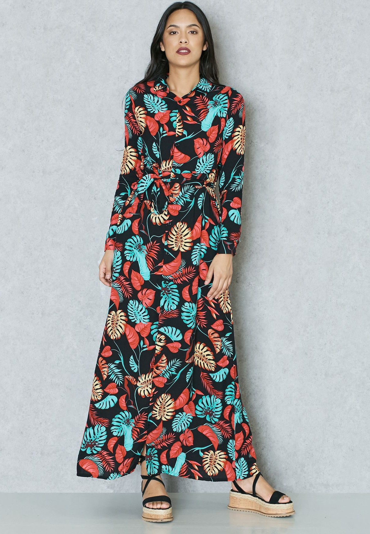 Design Model Dress Bridesmaid Hijab Thdr Floral Print Self Tie Shirt Maxi Dress