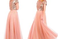 Ide Bridesmaid Hijab Styles Tldn Two Pieces Blush Long Tulle Country Bridesmaid Dresses 2018 Rose Gold Sequins Skirt Short Sleeve Jewel Neck Wedding formal Gowns for Party Cheap