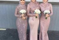 Inspirasi Desain Bridesmaid Hijab 4pde 2019 Vintage Muslim Long Sleeve Lace Appliques Bridesmaid Dresses Sheath Wedding Guests Honor Maid Custom formal Special Occasion Dress