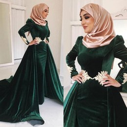 Inspirasi Model Baju Gamis Pernikahan Wddj Dark Green Velvet Muslim Prom Dresses High Neck Appliqued Plus Size evening Gowns Long Sleeves Hijab Kaftan Dubai Overskirt formal Dress