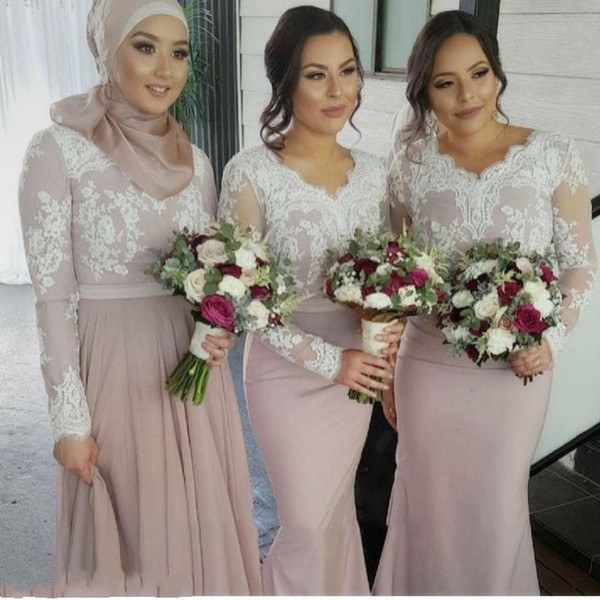 Model Bridesmaid Hijab 87dx White Lace Nude Long Sleeves Bridesmaid Dresses Muslim Arabic Women formal Gowns Plus Size Mermaid Wedding Party Dress Blue Bridesmaid Dresses Dresses