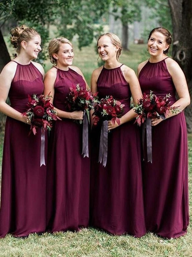 Model Dress Bridesmaid Hijab Whdr Plus Size Burgundy Long Bridesmaid Dresses with Halter Neck