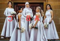 Model Model Bridesmaid Hijab 2019 9ddf Arabic Muslim Long Sleeves Hijab Bridesmaid Dresses Satin with Bow A Line V Neckline Hijab Wedding Guest Dresses Bridesmaid Dresses Beach Wedding
