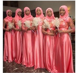 Model Model Bridesmaid Hijab 2019 Mndw 2019 Vintage A Line Muslim Wedding Bridesmaid Dresses Long Sleeves Lace Appliques Beads Hijab Maid Of Honor Gowns islamic Coral