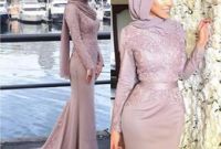 Model Model Seragam Bridesmaid Hijab E9dx 2019 Dusty Pink Muslim evening Dresses Hijab Scoop Neck Appliques Ribbon Sash Satin Mermaid Prom Dresses formal Gowns Sweep Train
